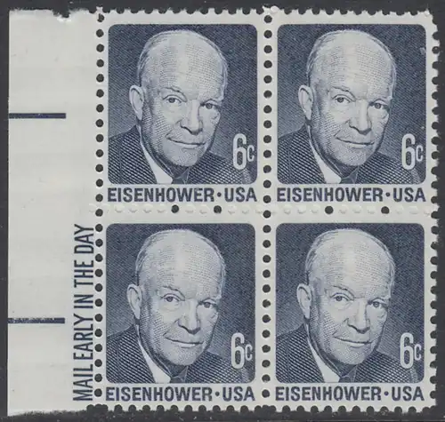 USA Michel 1005 / Scott 1393 postfrisch BLOCK RÄNDER links m/ Mail Early-Emblem - Berühmte Amerikaner: Dwight David Eisenhower, 34. Präsident