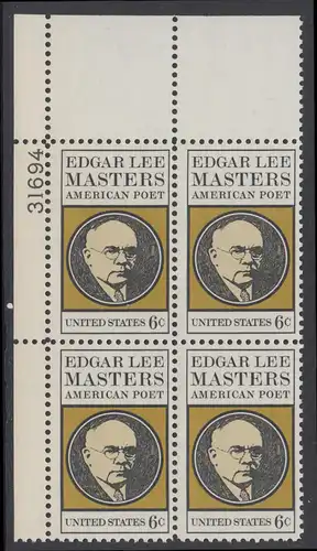 USA Michel 1007 / Scott 1405 postfrisch PLATEBLOCK ECKRAND oben links m/ Platten-# 31694 - Edgar Lee Masters, Dichter 