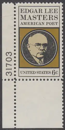 USA Michel 1007 / Scott 1405 postfrisch EINZELMARKE ECKRAND unten links m/ Platten-# 31703 - Edgar Lee Masters, Dichter 