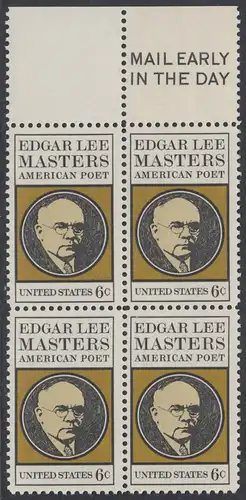 USA Michel 1007 / Scott 1405 postfrisch BLOCK RÄNDER oben m/ Mail Early-Emblem - Edgar Lee Masters, Dichter 