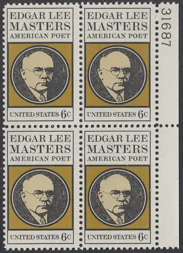 USA Michel 1007 / Scott 1405 postfrisch BLOCK RÄNDER rechts m/ Platten-# 31687 - Edgar Lee Masters, Dichter 