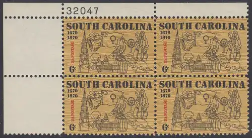 USA Michel 1009 / Scott 1407 postfrisch PLATEBLOCK ECKRAND oben links m/ Platten-# 32047 - 300. Jahrestag der ersten englischen Ansiedlung in Charleston, SC; Turm der St.-Philipp-Kirche, Kapitol, Staatsblume (Jasmin), S. Carolina-Fahne, Baumwolle, Tabak