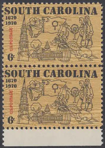 USA Michel 1009 / Scott 1407 postfrisch vert.PAAR RAND unten - 300. Jahrestag der ersten englischen Ansiedlung in Charleston, SC; Turm der St.-Philipp-Kirche, Kapitol, Staatsblume (Jasmin), S. Carolina-Fahne, Baumwolle, Tabak