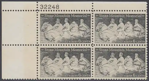 USA Michel 1010 / Scott 1408 postfrisch PLATEBLOCK ECKRAND oben links m/ Platten-# 32248 - Nationales Monumentalrelief in Stone Mountain, GA; Robert E. Lee, Jefferson Davis, „Stonewall“ Jackson