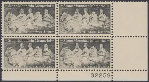 USA Michel 1010 / Scott 1408 postfrisch PLATEBLOCK ECKRAND unten rechts m/ Platten-# 32259 - Nationales Monumentalrelief in Stone Mountain, GA; Robert E. Lee, Jefferson Davis, „Stonewall“ Jackson