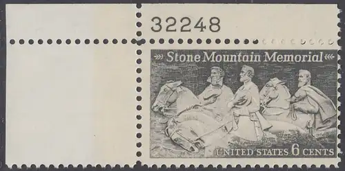 USA Michel 1010 / Scott 1408 postfrisch EINZELMARKE ECKRAND oben links m/ Platten-# 32248 - Nationales Monumentalrelief in Stone Mountain, GA; Robert E. Lee, Jefferson Davis, „Stonewall“ Jackson