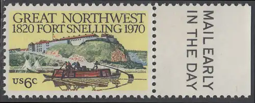 USA Michel 1011 / Scott 1409 postfrisch EINZELMARKE RAND rechts m/ Mail Early-Emblem - Fort Snelling, Minnesota.; altes Flussboot