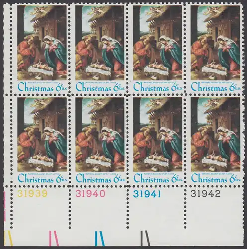 USA Michel 1016 / Scott 1414 postfrisch horiz.PLATEBLOCK(8) ECKRAND unten links m/ Platten-# 31939 - Weihnachten: Die Geburt Christi