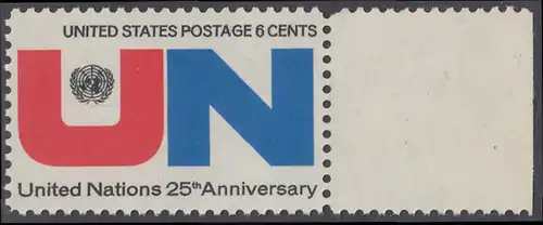 USA Michel 1021 / Scott 1419 postfrisch EINZELMARKE RAND rechts - 25 Jahre Vereinte Nationen (UNO): UNO-Emblem, Inschrift 