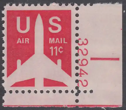 USA Michel 1029A / Scott C078 postfrisch Luftpost-EINZELMARKE ECKRAND unten rechts m/ Platten-# 32942 - Verkehrsflugzeug