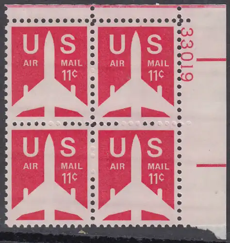 USA Michel 1029A / Scott C078 postfrisch Luftpost-PLATEBLOCK ECKRAND oben rechts m/ Platten-# 33019 - Verkehrsflugzeug