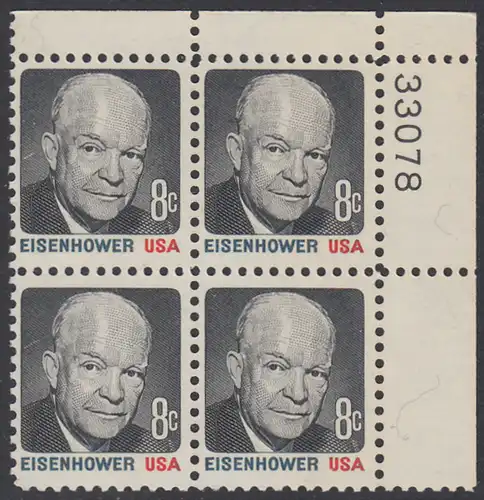 USA Michel 1031 / Scott 1394 postfrisch PLATEBLOCK ECKRAND oben rechts m/ Platten-# 33078 - Berühmte Amerikaner: Dwight David Eisenhower (1890-1969), 34. Präsident
