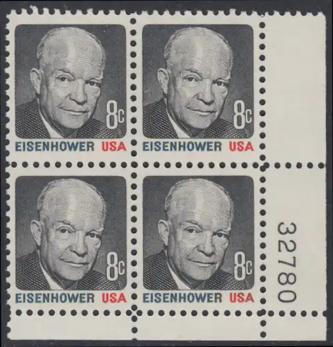 USA Michel 1031 / Scott 1394 postfrisch PLATEBLOCK ECKRAND unten rechts m/ Platten-# 32780 - Berühmte Amerikaner: Dwight David Eisenhower (1890-1969), 34. Präsident
