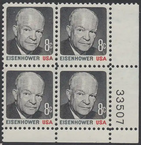 USA Michel 1031 / Scott 1394 postfrisch PLATEBLOCK ECKRAND unten rechts m/ Platten-# 33507 - Berühmte Amerikaner: Dwight David Eisenhower (1890-1969), 34. Präsident