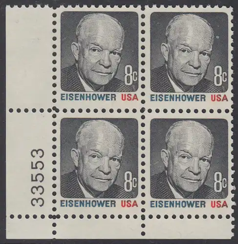 USA Michel 1031 / Scott 1394 postfrisch PLATEBLOCK ECKRAND unten links m/ Platten-# 33553 - Berühmte Amerikaner: Dwight David Eisenhower (1890-1969), 34. Präsident