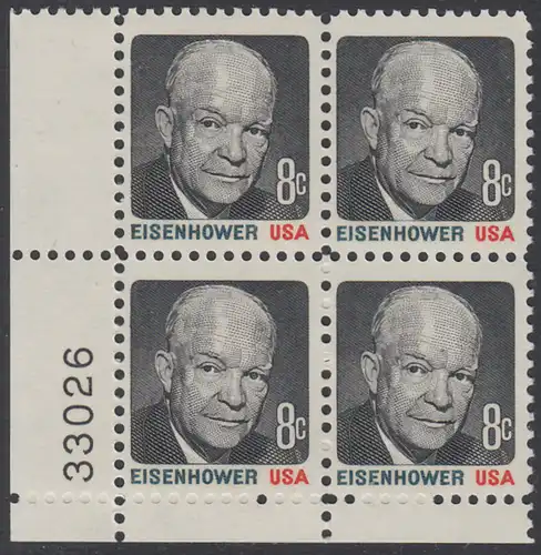 USA Michel 1031 / Scott 1394 postfrisch PLATEBLOCK ECKRAND unten links m/ Platten-# 33026 - Berühmte Amerikaner: Dwight David Eisenhower (1890-1969), 34. Präsident