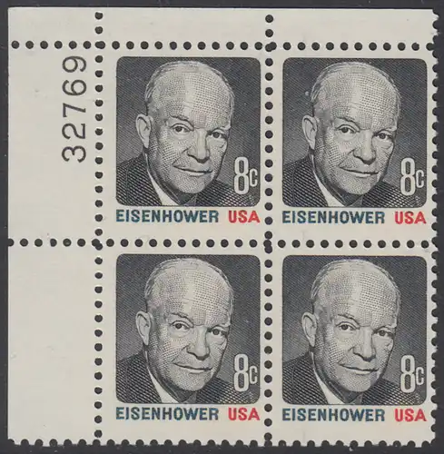 USA Michel 1031 / Scott 1394 postfrisch PLATEBLOCK ECKRAND oben links m/ Platten-# 32769 - Berühmte Amerikaner: Dwight David Eisenhower (1890-1969), 34. Präsident