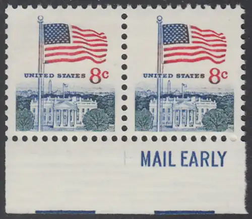 USA Michel 1033 / Scott 1338F postfrisch horiz.PAAR RÄNDER unten m/ Mail Early-Emblem - Flagge vor Weißem Haus, Washington, DC