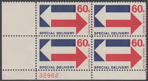 USA Michel 1034 / Scott E023 postfrisch PLATEBLOCK ECKRAND unten links m/ Plate-# 32962 - Eilmarke: Gegenläufige Pfeile