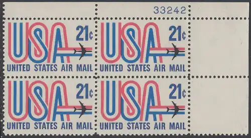 USA Michel 1036 / Scott C081 postfrisch Luftpost-PLATEBLOCK ECKRAND oben rechts m/ Platten-# 33242 - Schriftbild USA, Düsenverkehrsflugzeug