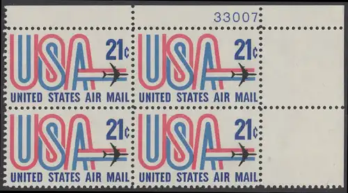 USA Michel 1036 / Scott C081 postfrisch Luftpost-PLATEBLOCK ECKRAND oben rechts m/ Platten-# 33007 - Schriftbild USA, Düsenverkehrsflugzeug