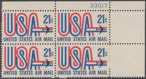USA Michel 1036 / Scott C081 postfrisch Luftpost-PLATEBLOCK ECKRAND oben rechts m/ Platten-# 33017 - Schriftbild USA, Düsenverkehrsflugzeug