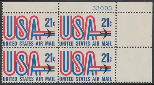 USA Michel 1036 / Scott C081 postfrisch Luftpost-PLATEBLOCK ECKRAND oben rechts m/ Platten-# 33003 - Schriftbild USA, Düsenverkehrsflugzeug