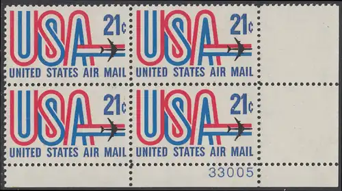 USA Michel 1036 / Scott C081 postfrisch Luftpost-PLATEBLOCK ECKRAND unten rechts m/ Platten-# 33005 - Schriftbild USA, Düsenverkehrsflugzeug