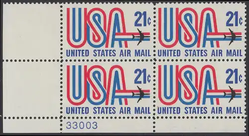 USA Michel 1036 / Scott C081 postfrisch Luftpost-PLATEBLOCK ECKRAND unten links m/ Platten-# 33003 (a) - Schriftbild USA, Düsenverkehrsflugzeug