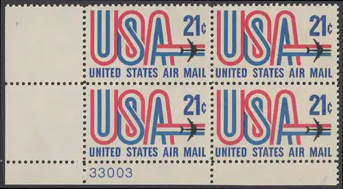 USA Michel 1036 / Scott C081 postfrisch Luftpost-PLATEBLOCK ECKRAND unten links m/ Platten-# 33003 (b) - Schriftbild USA, Düsenverkehrsflugzeug