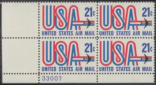 USA Michel 1036 / Scott C081 postfrisch Luftpost-PLATEBLOCK ECKRAND unten links m/ Platten-# 33007 - Schriftbild USA, Düsenverkehrsflugzeug