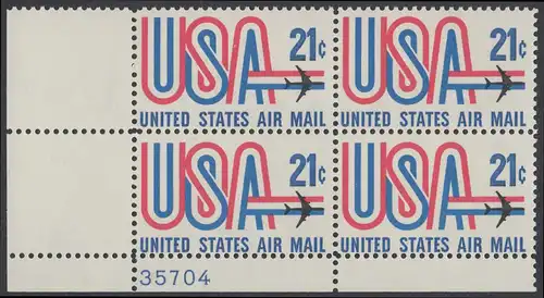 USA Michel 1036 / Scott C081 postfrisch Luftpost-PLATEBLOCK ECKRAND unten links m/ Platten-# 35704 - Schriftbild USA, Düsenverkehrsflugzeug