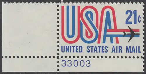 USA Michel 1036 / Scott C081 postfrisch Luftpost-EINZELMARKE ECKRAND unten links m/ Platten-# 33003 - Schriftbild USA, Düsenverkehrsflugzeug