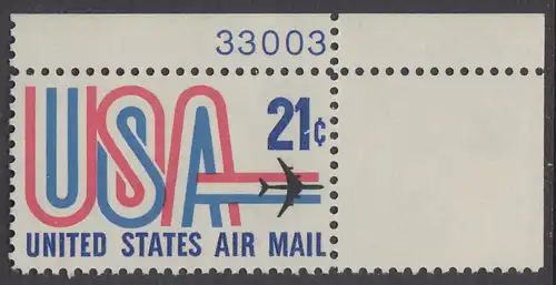 USA Michel 1036 / Scott C081 postfrisch Luftpost-EINZELMARKE ECKRAND oben rechts m/ Platten-# 33003 - Schriftbild USA, Düsenverkehrsflugzeug