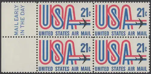 USA Michel 1036 / Scott C081 postfrisch Luftpost-BLOCK RÄNDER links m/ Mail Early-Emblem - Schriftbild USA, Düsenverkehrsflugzeug