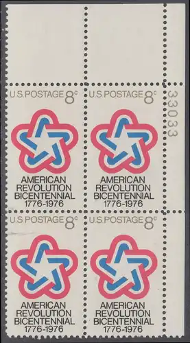 USA Michel 1043 / Scott 1432 postfrisch PLATEBLOCK ECKRAND oben rechts m/ Platten-# 33033 - 200 Jahre Unabhängigkeit der Vereinigten Staaten von Amerika (1976)