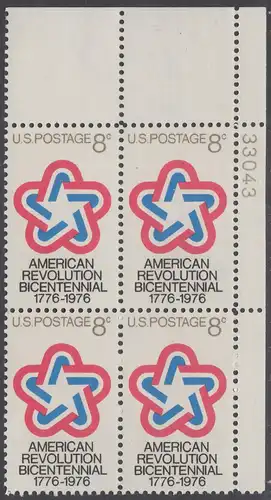 USA Michel 1043 / Scott 1432 postfrisch PLATEBLOCK ECKRAND oben rechts m/ Platten-# 33043 - 200 Jahre Unabhängigkeit der Vereinigten Staaten von Amerika (1976)