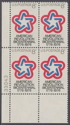 USA Michel 1043 / Scott 1432 postfrisch PLATEBLOCK ECKRAND unten links m/ Platten-# 33043 - 200 Jahre Unabhängigkeit der Vereinigten Staaten von Amerika (1976)