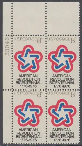 USA Michel 1043 / Scott 1432 postfrisch PLATEBLOCK ECKRAND oben links m/ Platten-# 33046 - 200 Jahre Unabhängigkeit der Vereinigten Staaten von Amerika (1976)