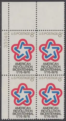 USA Michel 1043 / Scott 1432 postfrisch PLATEBLOCK ECKRAND oben links m/ Platten-# 33049 - 200 Jahre Unabhängigkeit der Vereinigten Staaten von Amerika (1976)