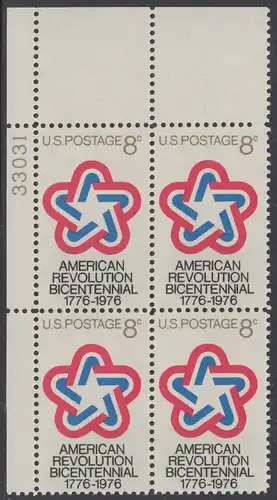 USA Michel 1043 / Scott 1432 postfrisch PLATEBLOCK ECKRAND oben links m/ Platten-# 33031 - 200 Jahre Unabhängigkeit der Vereinigten Staaten von Amerika (1976)