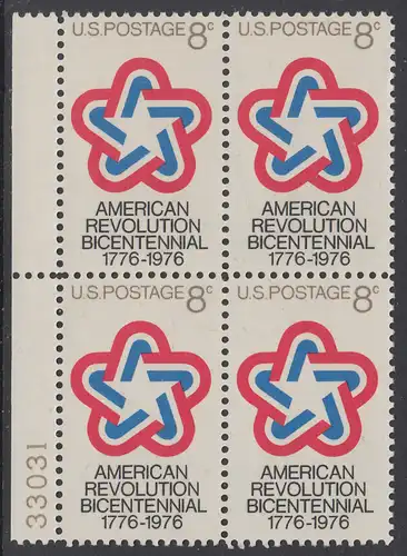 USA Michel 1043 / Scott 1432 postfrisch BLOCK RAND links m/ Platten-# 33031 - 200 Jahre Unabhängigkeit der Vereinigten Staaten von Amerika (1976)