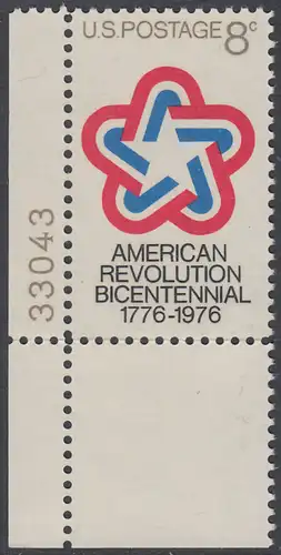 USA Michel 1043 / Scott 1432 postfrisch EINZELMARKE ECKRAND unten links m/ Platten-# 33043 - 200 Jahre Unabhängigkeit der Vereinigten Staaten von Amerika (1976)