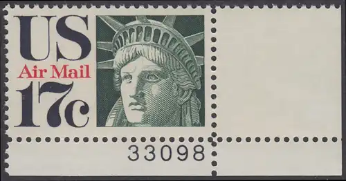 USA Michel 1044 / Scott C080 postfrisch Luftpost-EINZELMARKE ECKRAND unten rechts m/ Platten-# 33098 - Kopf der Freiheitsstatue