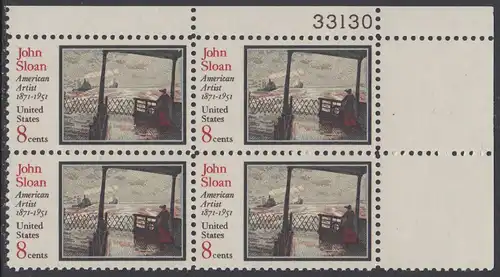 USA Michel 1045 / Scott 1433 postfrisch PLATEBLOCK ECKRAND oben rechts m/ Platten-# 33130 - John Sloan, Maler