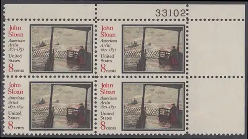 USA Michel 1045 / Scott 1433 postfrisch PLATEBLOCK ECKRAND oben rechts m/ Platten-# 33102 - John Sloan, Maler