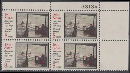 USA Michel 1045 / Scott 1433 postfrisch PLATEBLOCK ECKRAND oben rechts m/ Platten-# 33134 - John Sloan, Maler