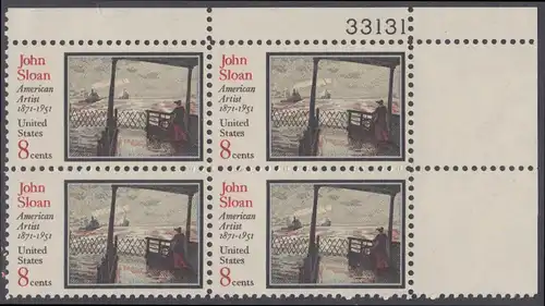 USA Michel 1045 / Scott 1433 postfrisch PLATEBLOCK ECKRAND oben rechts m/ Platten-# 33131 - John Sloan, Maler