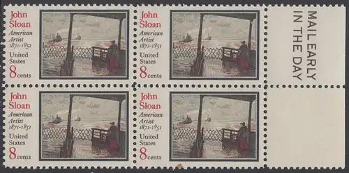 USA Michel 1045 / Scott 1433 postfrisch BLOCK RÄNDER rechts m/ Mail Early-Emblem - John Sloan, Maler