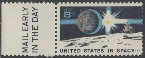 USA Michel 1046 / Scott 1434 postfrisch EINZELMARKE RAND links m/ Mail Early-Emblem - Erfolge im Weltraum; Erde, Sonne, Mondlandefähre auf dem Mond